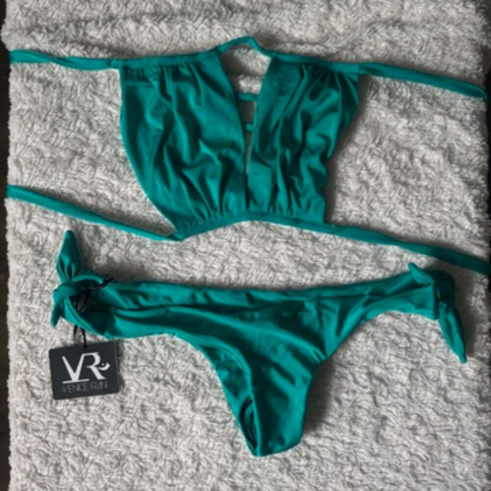 Venice Rani Swimwear Teal Halter Top & Tie Bottom Two Piece Bikini Small NWT